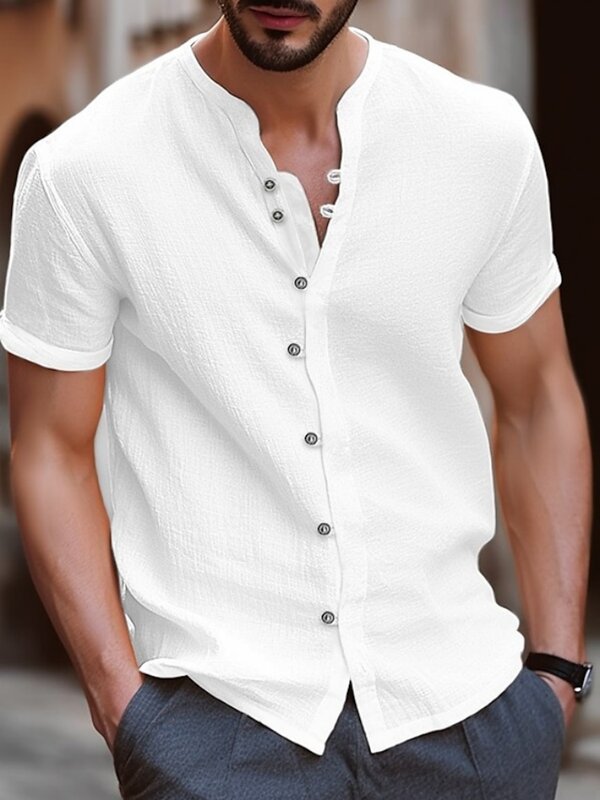 Camiseta de linho de algodão manga curta masculina, tops com gola V, roupas casuais, botão popular, 7 botões