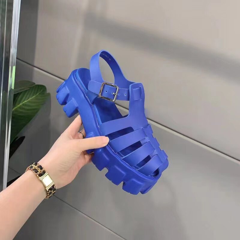 Womens Sandals with Hollow Toe Caps Simple Solid Color Sandals Thick Soles Non-slip Fashion PU Leather Buckle Womens Roman Shoes