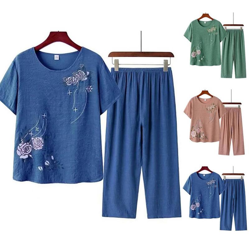 Camiseta de manga corta para mujer de mediana edad y ancianos, traje de madre holgado de lino y algodón de talla grande, traje de dos piezas