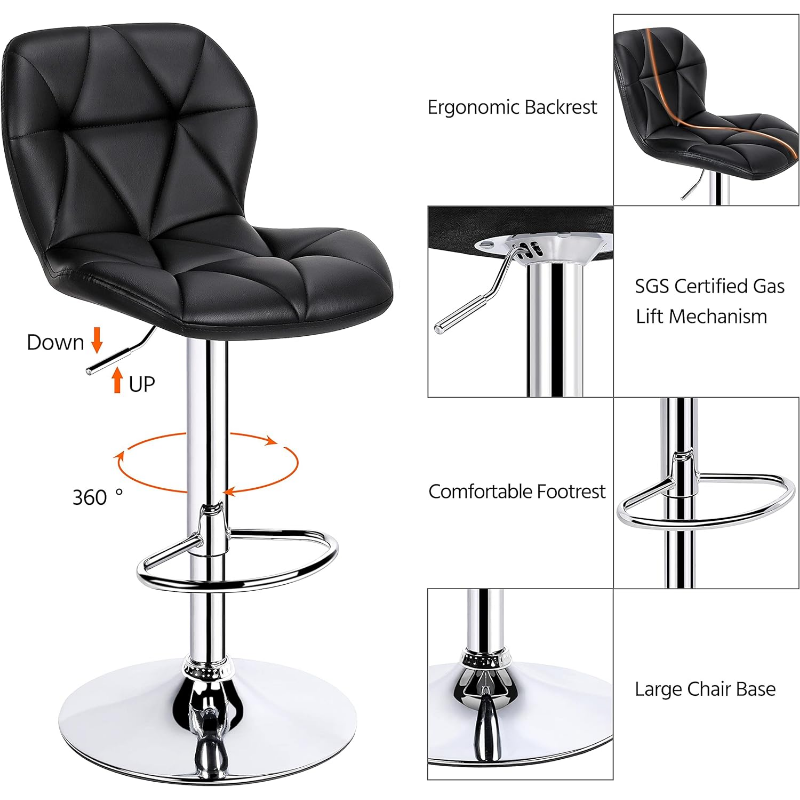 Yaheetech เก้าอี้สตูลหมุนปรับความสูงได้เก้าอี้สตูลเคาน์เตอร์หนัง PU แบบทันสมัยพร้อมพนักพิงชุด2ชิ้น-สีดำ