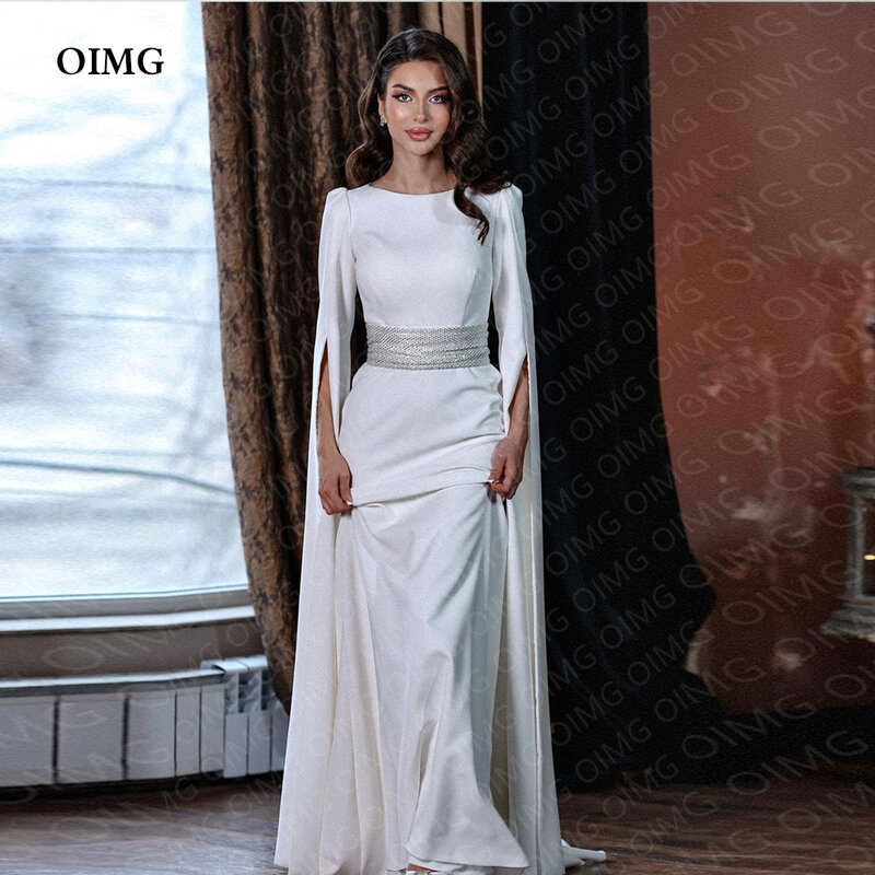 OIMG Vintage Full Sleeves Dubai Wedding Dresses Gowns O Neck Long Shiny Belt Formal Pricness Bride Bridal Gown Dress Vestidos