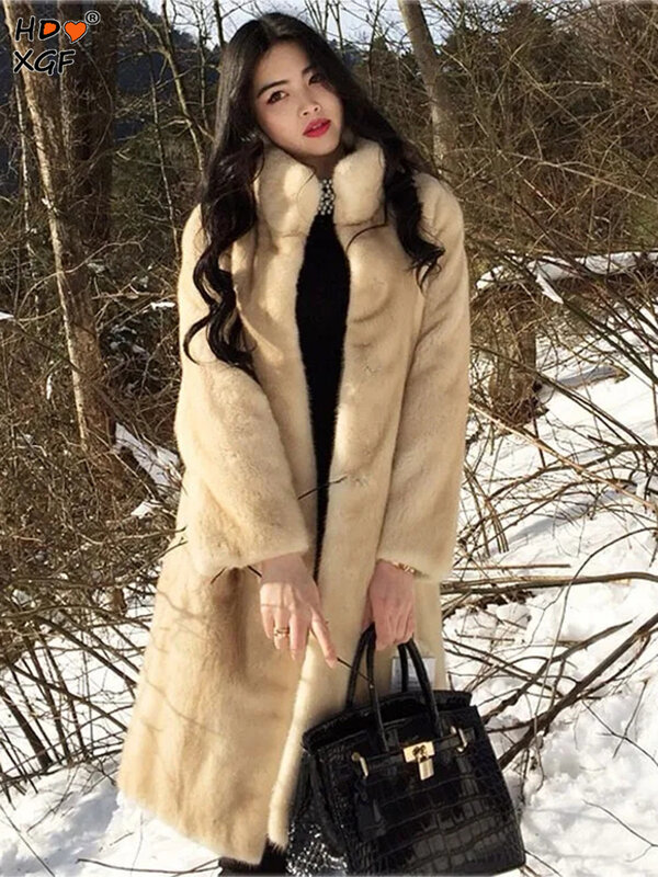 Winter Stand Collar Thicken Warm Mid-lenght Imitation Mink Overcoats Solid Color Simple Loose Coat Women Elegant Luxury Outwear