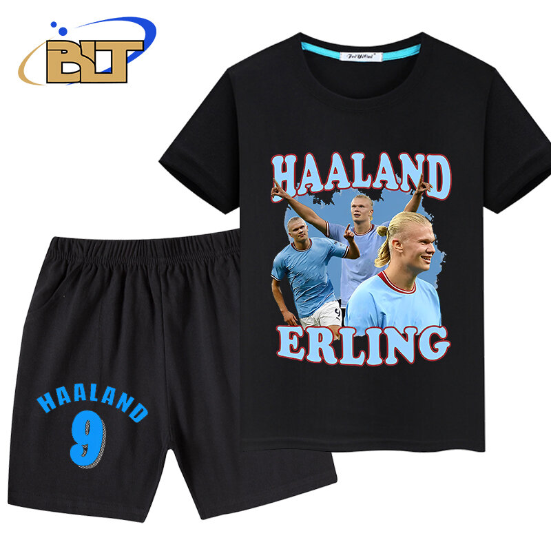 Haaland 아바타 프린트 아동복, 소년용 티셔츠 세트, 블랙 반팔 반바지, 2 피스 세트, 여름