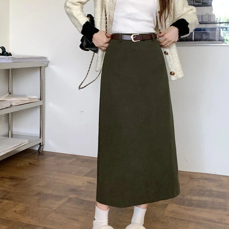 Falda Retro de pana para mujer, falda de cintura alta de longitud media, línea A recta, a la moda, invierno, 2024