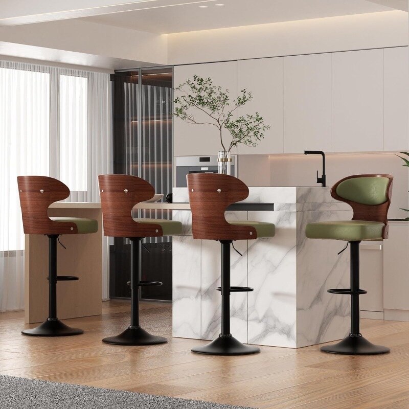 Bangku Bar Set 4 kursi tinggi dapat disesuaikan 24.5-33,5 inci bangku putar kayu dengan sandaran & sandaran kaki-kulit PU karpet