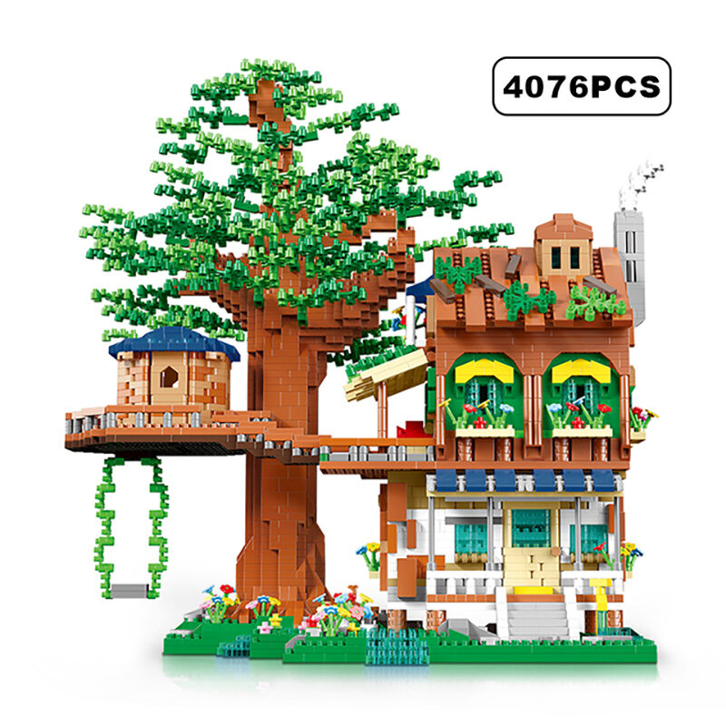 Nova casa da árvore diy roxo casa de árvore de fadas casa modular blocos de construção sakura aldeia cidade vista rua tijolos crianças brinquedos aniversário