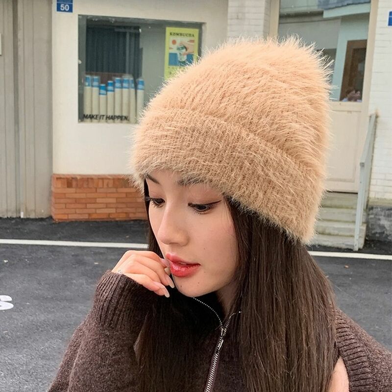 Windproof Rabbit Wool Cap High Quality Knitted Plus Solid Color Vintage Elegant Cap Party Gift Knitted Hat Outdoor Warm Hat