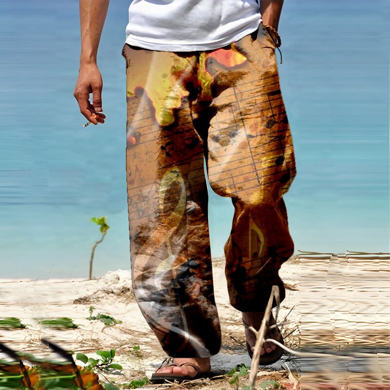 Pantalones de verano para hombre, pantalón de playa, cómodo e informal, para vacaciones diarias, estampado completo, pierna ancha