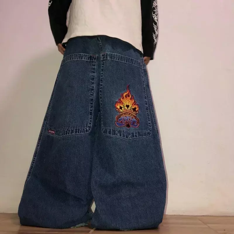 JNCO jeans wanita Y2K Harajuku, jins kaki lebar Hip Hop bordir grafis Poker api Gotik Y2K