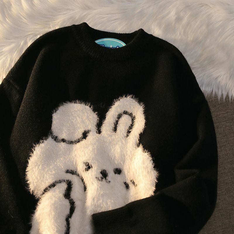 Velveted Cartoon Rabbit Preppy Knit maglione donna Y2K Retro Harajuku giacca termica estiva allentata 2022 autunno inverno nuovo Pullover