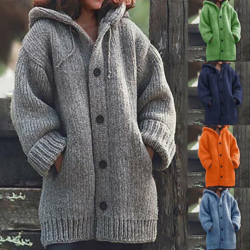 Hooded Sweater  Buttons   Autumn Coat Single-breasted Mid-length Knitted Cardigan Jacket