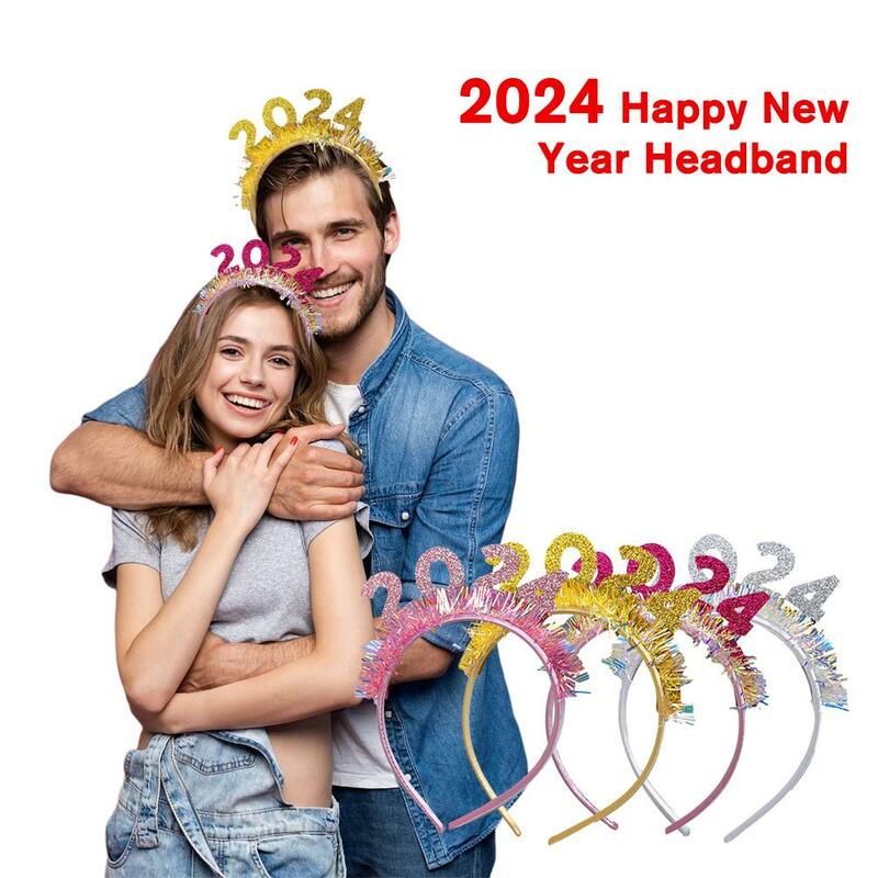 2024 Happy New Year Headband for Women Men Christmas Holiday Party Shiny Sequins Hair Hoop Headwear Hair Accessories S6W0