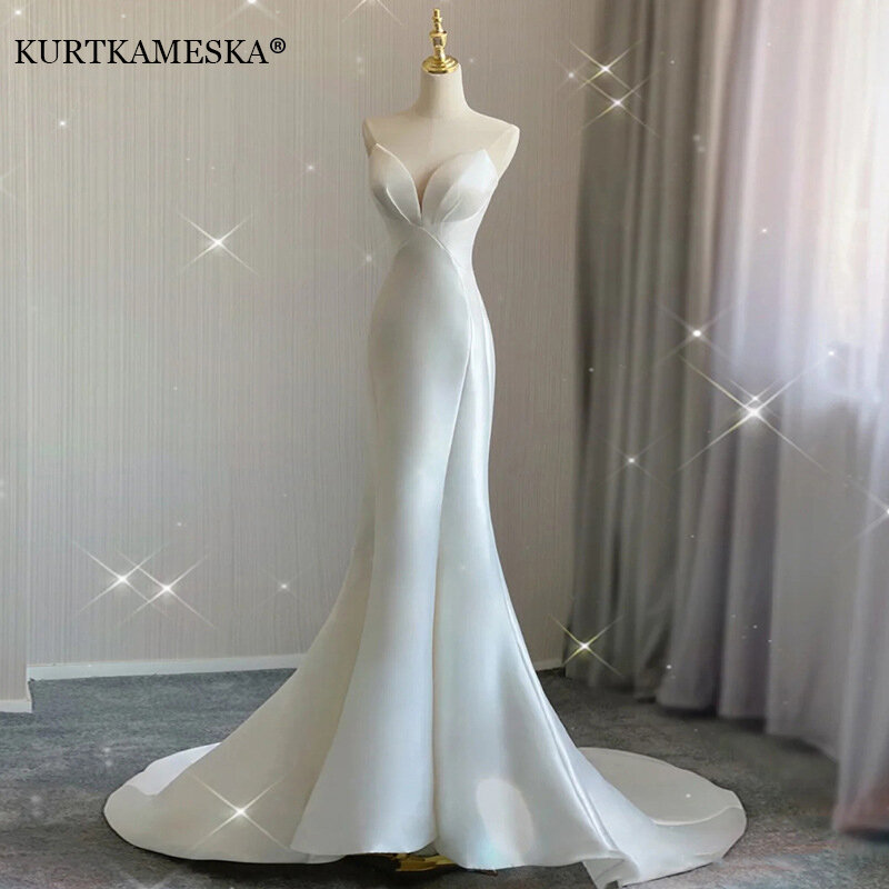 Luksusowe białe satynowe wesele spływu sukienka Maxi syrena sukienki dla panny młodej elegancka, długa Prom wieczór gości imprezowa, koktajlowa kobiety sukienka