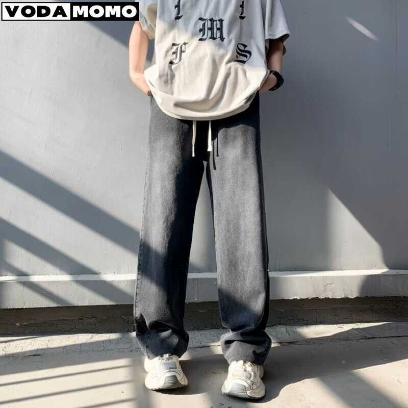 Water washing trend Japanese style Fashion Men's Jeans Elastic Waist Classic olid Color Straight-leg Denim Wide-leg Pants Male