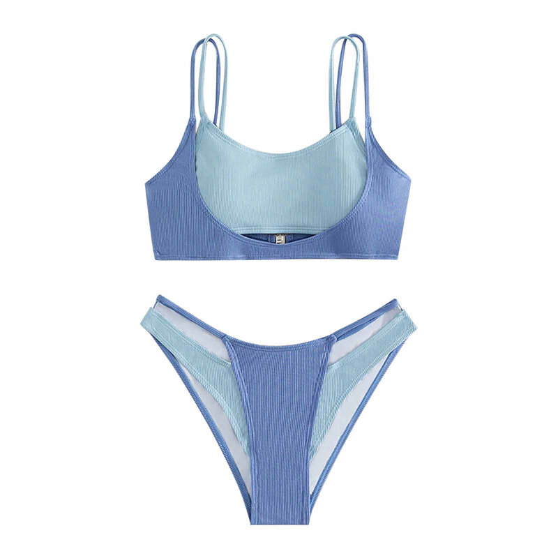 บิกินี่ Baju renang pisah ลายทางสีฟ้าสำหรับผู้หญิงชุดว่ายน้ำไร้รอยต่อเล่นกีฬาของผู้หญิงชุดบิกินี่ด้านหลังสวยงาม