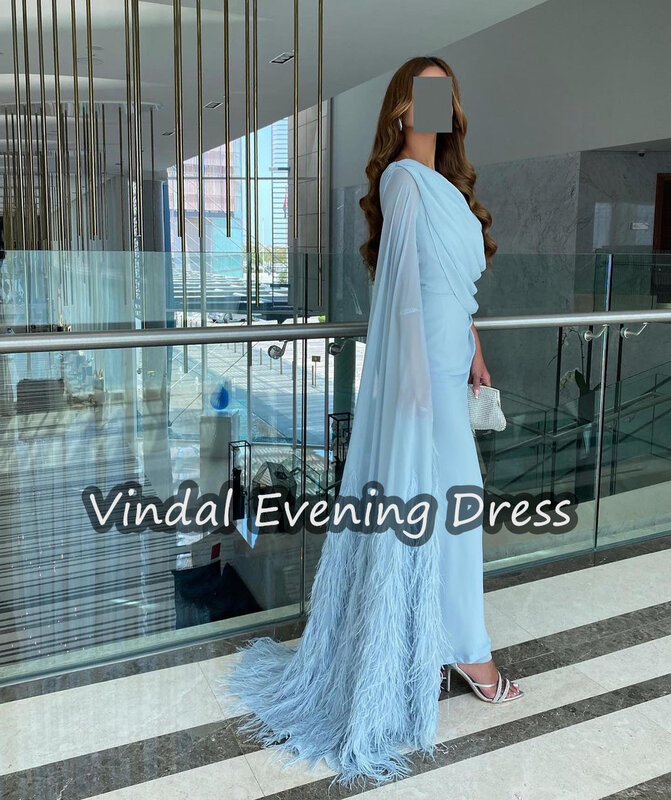 Vindal Scoop Neckline Evening Dress Ankle Length Chiffon Elegant Ruffle Built-in Bra Saudi Arabia 1/2 Sleeves For Woman 2024