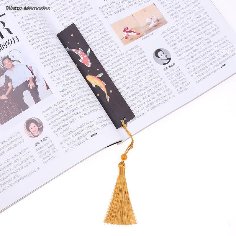 Wooden DIY Retro Chinese Style Toy Painted Koi Carp Bookmark Tassel Pendant Creative Book Mark Toy