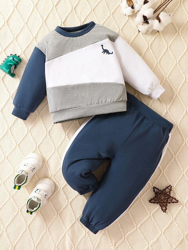 Комбинированный костюм для новорожденных из 2 предметов для мальчиков на весну и осень контрастные цветные длинные рукава и брюки для отдыха уличный спортивный костюм дышащий