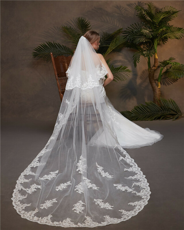 ผ้าคลุมหน้าเจ้าสาวสำหรับงานแต่งงานลูกไม้หางยาว2ชั้นของมหาวิหารเครื่องประดับผมสีขาวงาช้าง voile mariage fascinator สง่างาม