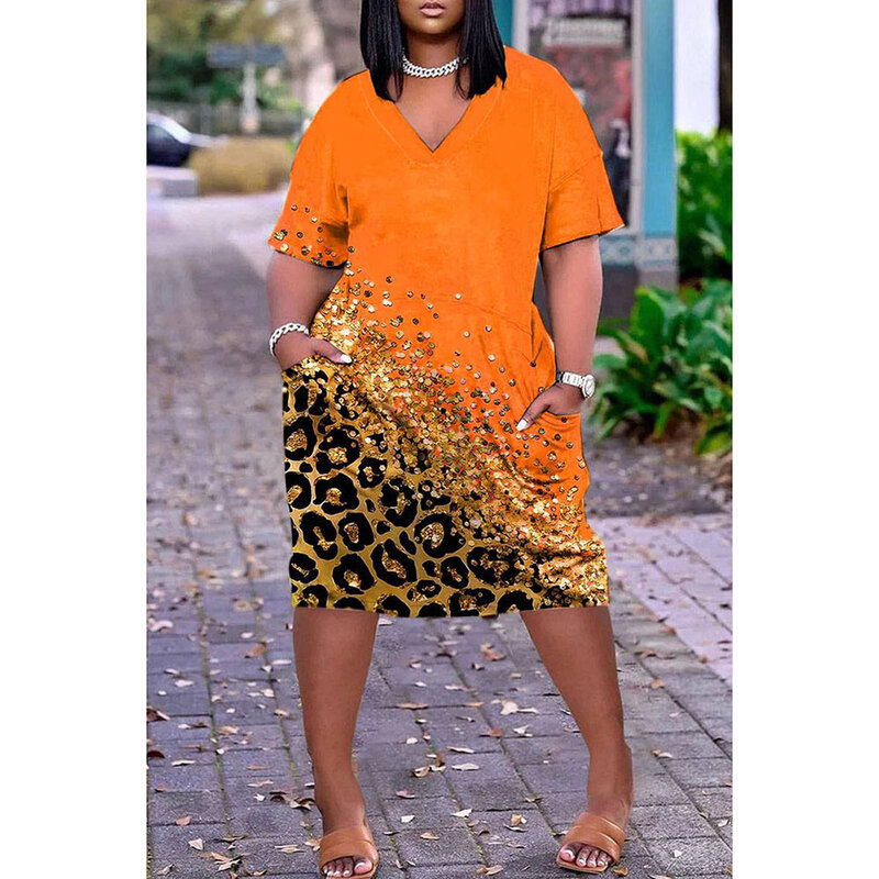 Plus Size weiß lässig V-Ausschnitt Kurzarm Midi-Kleid mit Leoparden muster