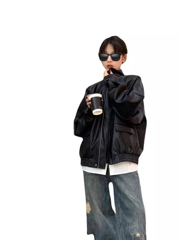 Куртка женская Байкерская из экокожи, винтажная уличная одежда оверсайз в стиле бойфренд панк, свободная повседневная укороченная верхняя одежда