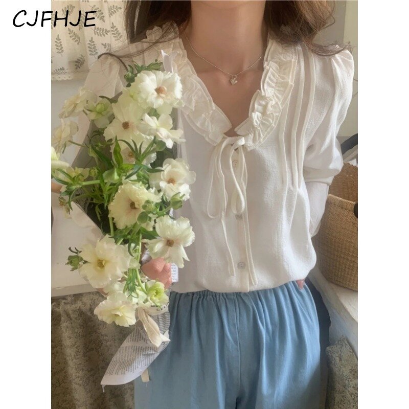 CJFHJE Korean Version Women's Solid Color V-neck Chiffon Shirt Spring French Sweet Wood Ear Lace Up Women Long Sleeved Shirt Top