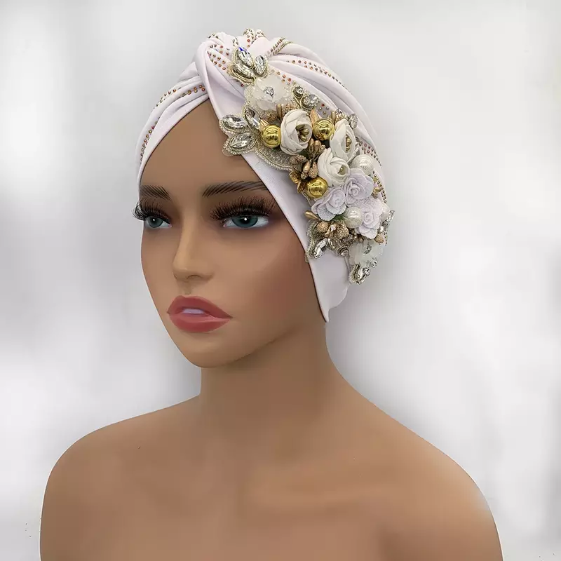 다이아몬드 꽃 아프리카 머리 랩 나이지리아 웨딩 파티 헤드피스 트위스트 머리 스카프 모자, 2024 패션 여성 터번 모자