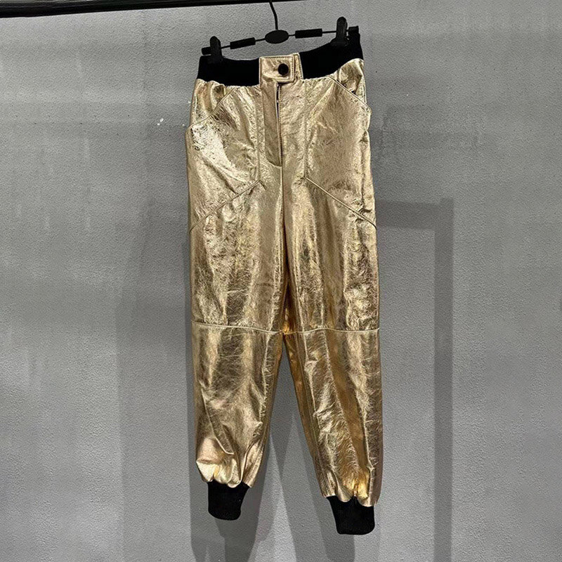 Новинка 2023, стильный женский роскошный кожаный пиджак и брюки, Модный комплект из овечьей шерсти золотого и серебряного цвета, эластичный GT5482