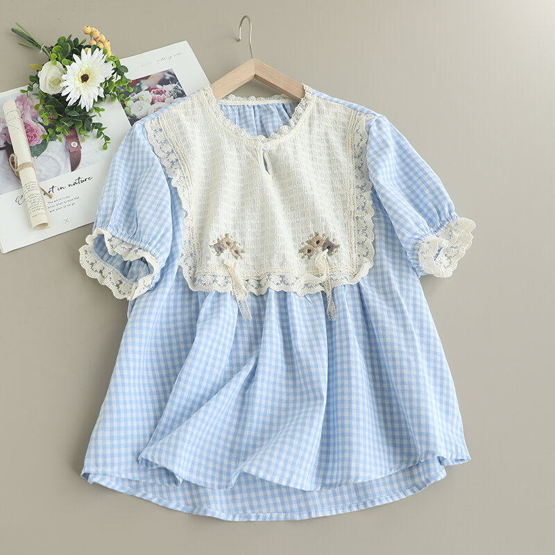 Summer Sweet Round Neck Embroidered Top Women Short Sleeve Plaid Tops WH0429