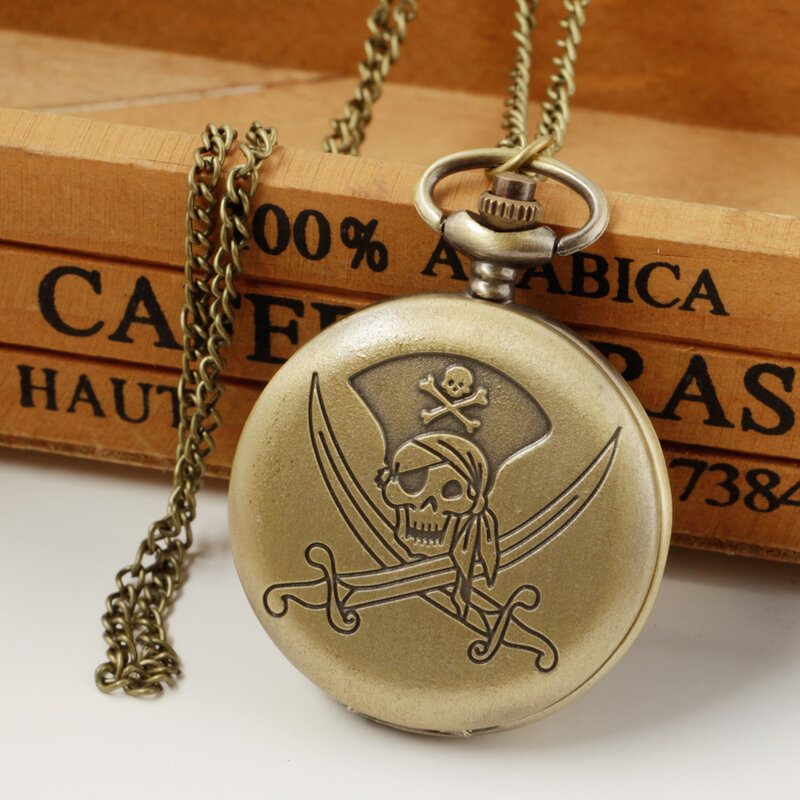 앤티크 청동 해적 패턴 쿼츠 스팀펑크 포켓 시계, 체인 포함, 남성용 선물 시계, 도매