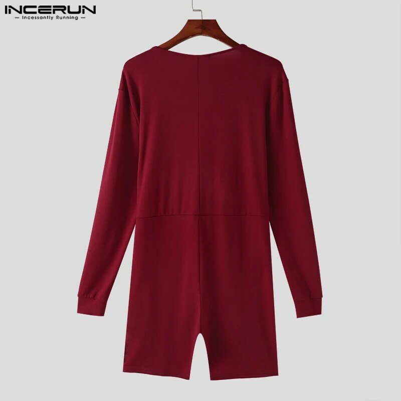 INCERUN 2024 Sexy Men's Loungewear Open Front Solid Knitted Long Sleeved Jumpsuits Casual Male O-Neck Flat Angle Bodysuits S-5XL