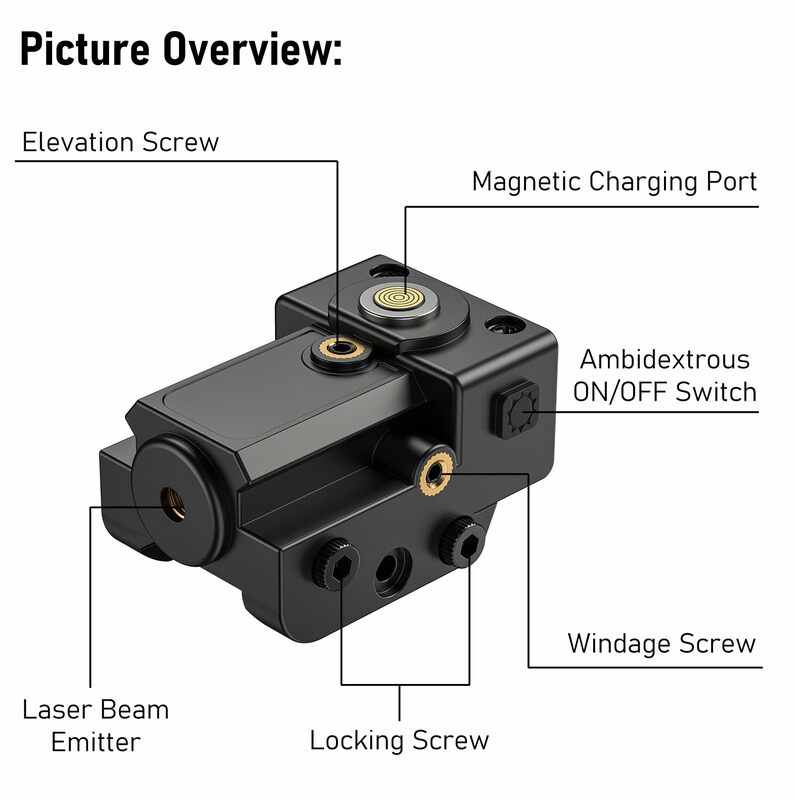 MidTen Mira Laser Magnética USB Recarregável Para Pistola Compacta Arma de Perfil Baixo com Interruptor Liga / Desliga Ambidestro