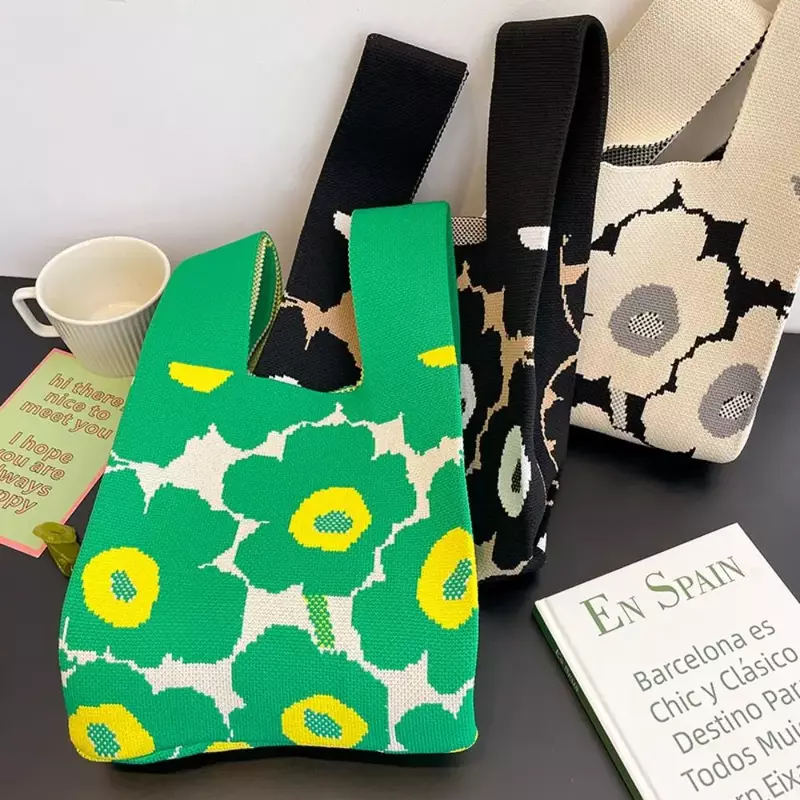 DE10 New Flower Knitted Handbag Fashion Handmade Shoulder Lady Leisure Tote  Japanese Student Reusable Shopping Bags