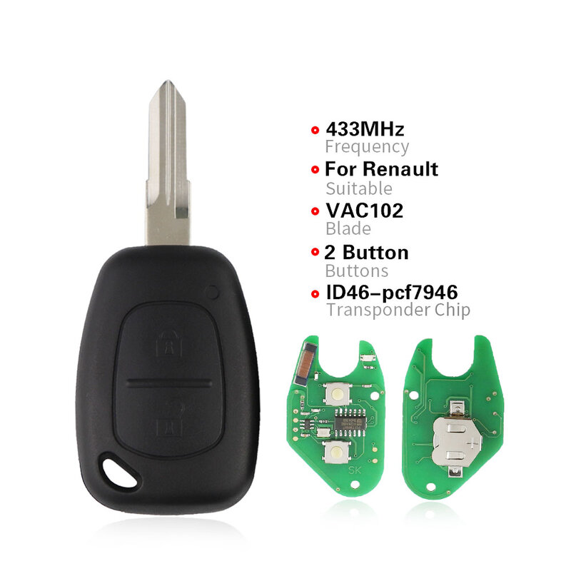 YIQIXIN 2 pulsanti chiave a distanza per auto 433mhz ID46 Chip per Renault Traffic Master Vivaro Movano Kangoo Transmister Ne73 VAC102 Blade