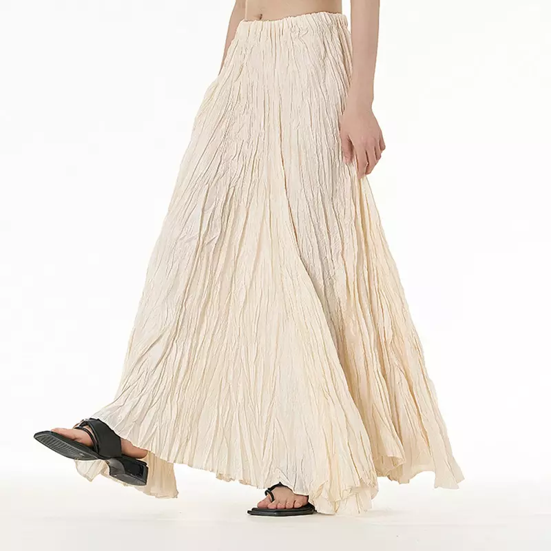 Casual Womens Solid A-Line Long Skirt Women Elegant Drape Crumpled Skirts High Waist Pleated Skirts Female Streetwear