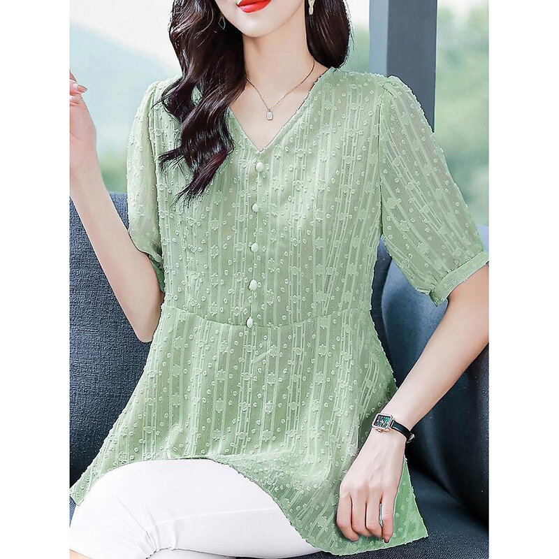 Fashion V-Neck Button Spliced Solid Color Chiffon Blouses Women's Clothing 2024 Summer New Loose Casual Tops Office Lady Shirts