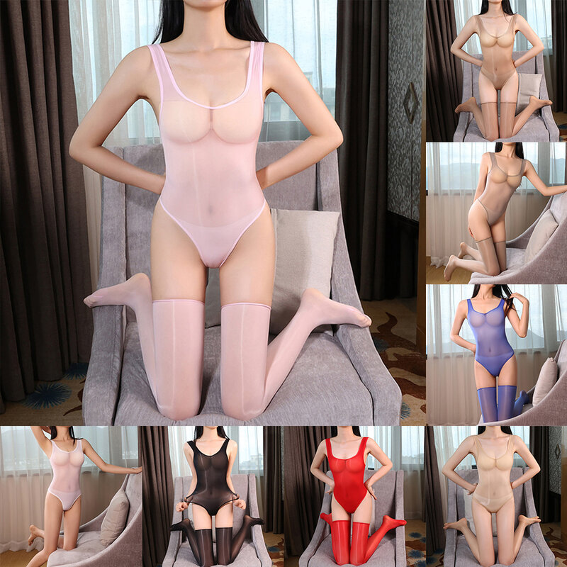 Bodysuit sexy de corte alto feminino, óleo brilhante, liso ver através de maiô, lingerie clubwear, transparente, ultra fino, elástico swimwear