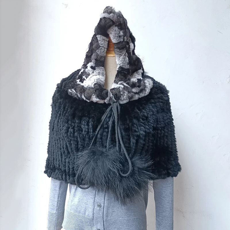 Poncho con capucha de piel auténtica para mujer, gorro de piel de conejo Rex, grueso y cálido, elástico, a la moda