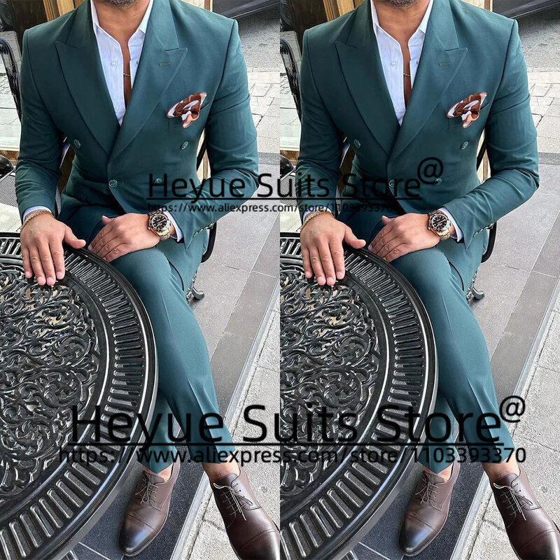 Elegant Double-breasted Green Men Suits Slim Fit Peak Lapel Groom Prom Tuxedos 2 Pcs Sets High Qublity Male Blazer Costume Homme