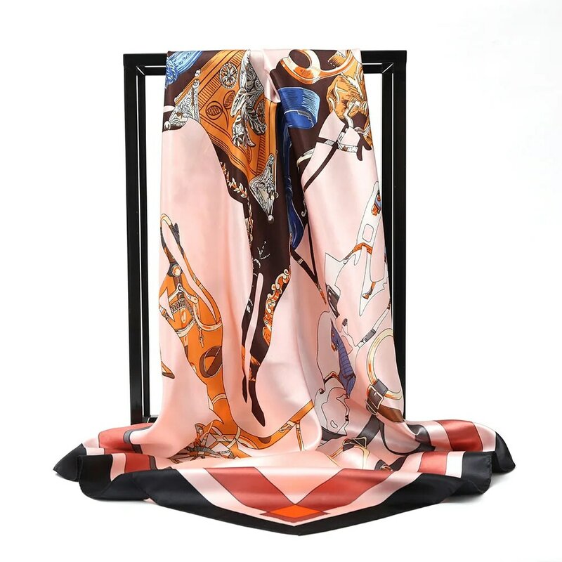 女性用シルクサテンスカーフ,特大の正方形,シルクの馬のプリント,ウィメンズヘアパッケージ,デザイナースカーフ