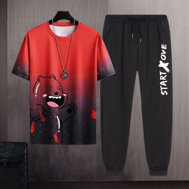 Conjunto de ropa deportiva para hombre, Camiseta con estampado de dibujos animados, pantalones cortos de cintura con cordón, traje informal con pretina elástica