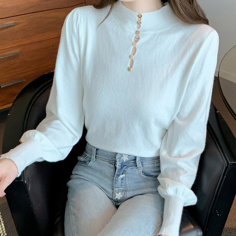 Jesienno-zimowy półgolf sweter koreańska moda damska podróże zakupy wysokiej jakości rękawy typu lampion koszula z dzianiny Top czarny