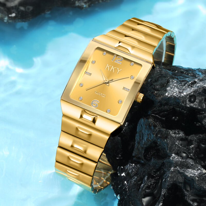 KKY jam tangan emas Pasangan Pria Wanita, arloji Quartz santai olahraga modis tahan air