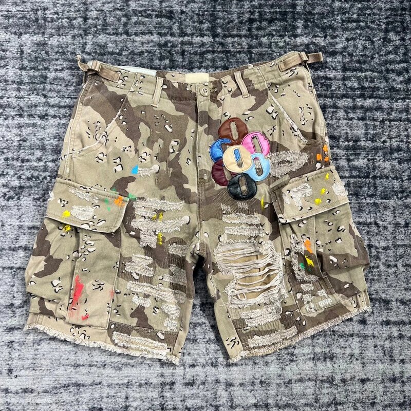 Camouflage Splicing leather G letter washed Retro men women shorts Summer