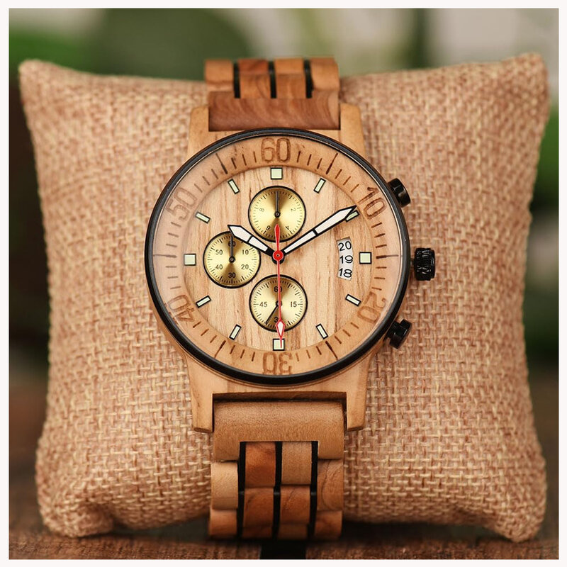 Montres en bois pour hommes, bracelet de montre à quartz japonais en acier inoxydable et bois d'olive, chronographe analogique, calendrier avec aiguilles brillantes
