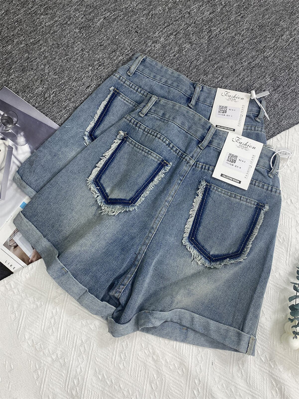 Damskie spodenki jeansowe z wysokim stanem szorty kowbojki Y2k Harajuku koreańskie damskie letnie 2000s Streetwear luźne Retro-line szorty jeansy