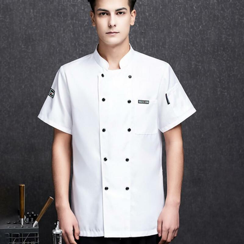 Jaqueta de trabalho cozinheiro com gola, camisa de chef trespassado respirável, jaqueta resistente a manchas para restaurante, bolso no peito, macio
