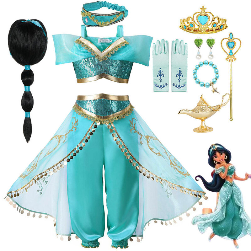 Disney-meninas Jasmine Dress, Aladdin Princess, Magic Lamp, Carnaval Vestuário, Halloween Party, Cosplay Costume, 2024