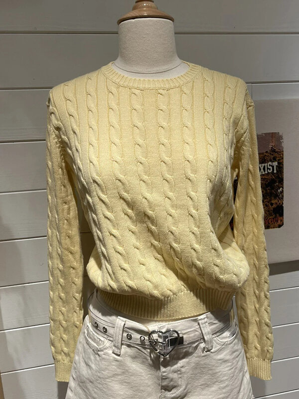 Suéter feminino trançado de malha com gola O, streetwear quente, pulôver estético fino, jumper vintage bonito, top de algodão amarelo, outono, Y2K