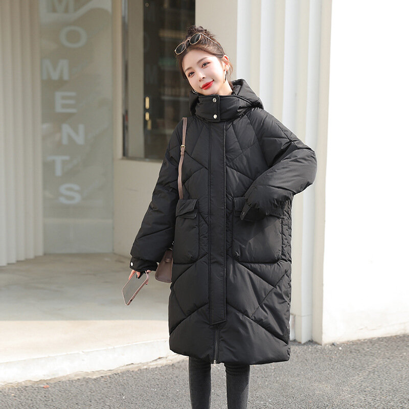 Winter 2023 New Loose Fashion Hooded Cotton-padded Jacket Women Long Padded Over-the-knee Plus-size Cotton Coat.